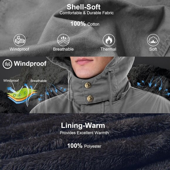 Mens Light Gray Thick Winter Jacket Hooded Fleece Lined Cotton Military Coat - Picture 3 of 6